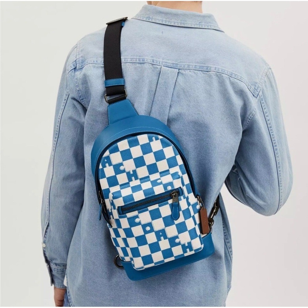 Coach West Pack Blue White Checkerboard Puzzle Signature Canvas Sling Bag C8312